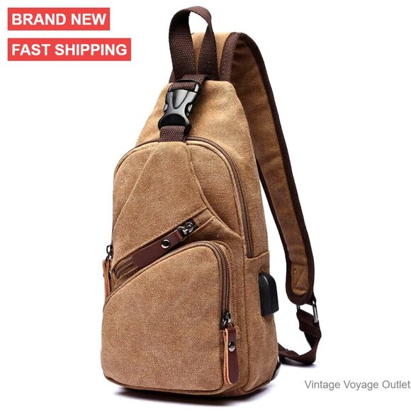 Canvas Sling Backpack Daypack with USB Port for Hiking Travel Unisex